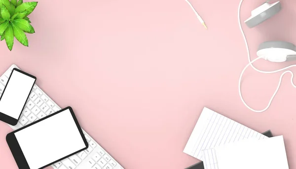 Flat lay Workspace of top view desk work table with office supplies and copy space,computer ,smartphone,keyboard,notepad,tablet,coffee, pencil, on Red background -3d rendering