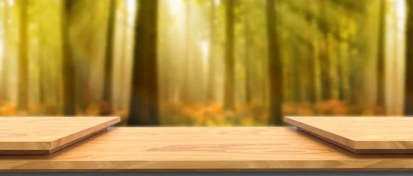 Wood table top and blur Forest background.panoramic banner - can be used for display or montage your products - 3d rendering