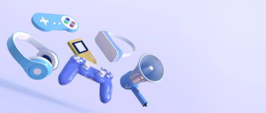 Gamepad - Oyun konsepti ve oyun konsolu kulaklıkla asılı ve mavi arkaplanda oyun - 3D görüntüleme