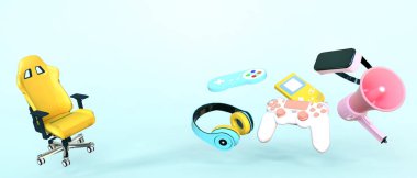 Oyun Alanı - Oyun konsepti ve Oyun Sandalyesi konsolu kulaklıkla asılan- Yeşil Arka plan - 3D görüntüleme