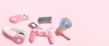 Gamepad - Oyun konsepti ve oyun konsolu kulaklıkla asılı ve Kırmızı Arkaplanda oyun - 3D yorumlama
