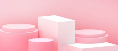 Ürün modern.banner için Kırmızı Duvar arkaplanındaki Geometrik şekiller ve kompozisyon Minimumu ile podyum soyutlaması - 3d oluşturma