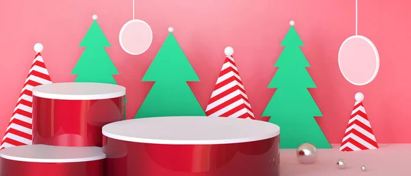 Podium Stage Geometric Shapes Minimal Christmas Tree Concept Three Cylinder — Stock Photo, Image