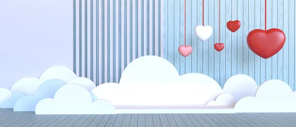 Valentine Day Love Blue Concept Cloud Red Heart Pared Madera —  Fotos de Stock