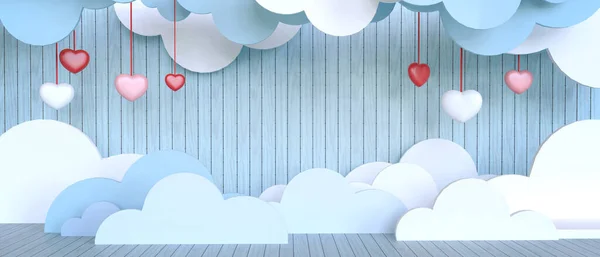 Valentine Day Love Blue Concept Cloud Red Heart Pared Madera —  Fotos de Stock