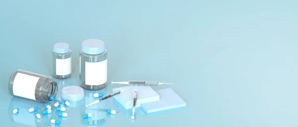Comprimidos Médicos Derramamento Frasco Droga Seringa Fundo Azul Vacina Para — Fotografia de Stock