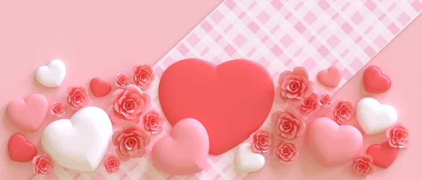 Flat Lay Valentine Day Roses Flower Pink Background Red Heart — Stock Photo, Image