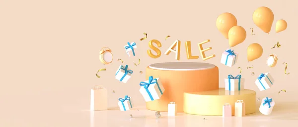 Sale Promotion Concept Great Discount Banner Podium Design Balloon Gift — 스톡 사진