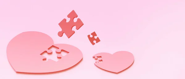Jigsaw Red Heart Lost Happy Valentine Love Concept Pink Background — Fotografia de Stock