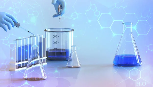 Розробка Дослідження Лабораторних Хімічних Речовин Рідини Руками Вчених Хімічних Рідин — стокове фото