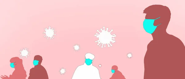 Covid 19コロナウイルス 社会的距離と医療のシルエットの人々ピンクの背景に予防の緑の顔のマスクコンセプト 3Dレンダリング — ストック写真