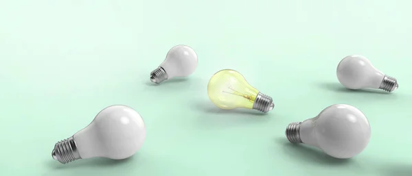 緑の背景の違いの概念と優れた創造的なアイデアのインスピレーションの概念と黄色の電球ランプ コピースペース デジタル バナー 3Dレンダリング — ストック写真
