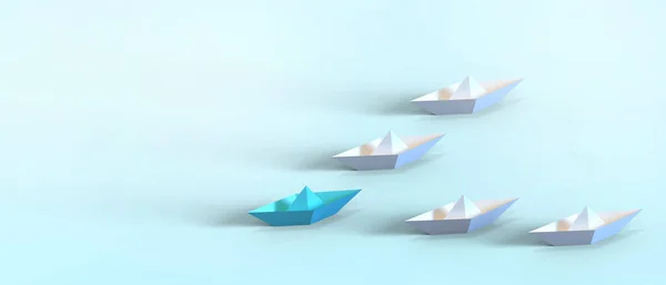 Leadership concept with Origami Paper ship leading and one Blue paper ship pointing in different on Blue background, Paper art design banner background- 3d rendering