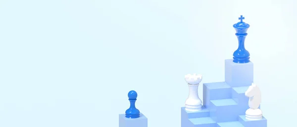 Leadership success. King Chess piece Game and Chess piece pawn with Business Concept on Blue background, Paper art ,design banner, copy space, digital, banner- 3d rendering