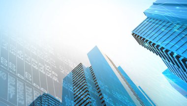 Ticaret pazarı. Arkaplanda mavi şehir sanayisiyle borsa teknolojisi. ticari ticari tasarım - 3d oluşturma