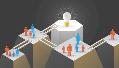 Ampul. İşletme liderliği fikirleri resimli sunumlarla elde ediyor. İş merdivenleri ve sosyal bağlantı Arkaplanda Kavram - 3d oluşturma