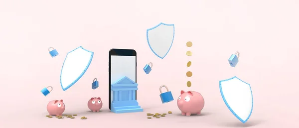 Protection Secure Online Banking and Network data. Safe and secure with Shield Concept on pink background. copy space, blockchain, business, digital, banner, website -3d Rendering