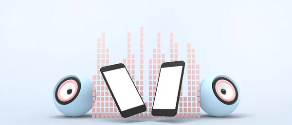 Muzyka Online Słuchanie Koncepcja Playlist Dwa Smartfony Słuchawką Głośnikiem Niebieskim — Zdjęcie stockowe