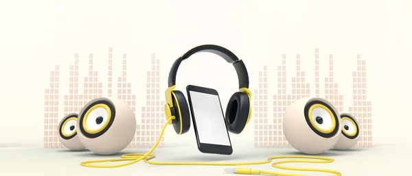 Music Online Concept Streaming Listening Playlist Smartphone Headphone Speaker Yellow — Stock Photo, Image