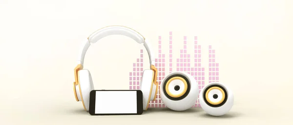 Muzyka Cyfrowa Słuchanie Online Playlist Concept Smartfon Słuchawką Głośnikiem Żółtym — Zdjęcie stockowe