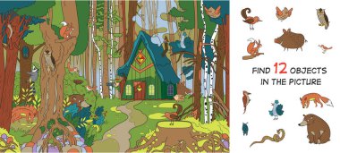 Forest glade near the forester's house. Find hidden animals. Puzzle. Vector illustration  clipart