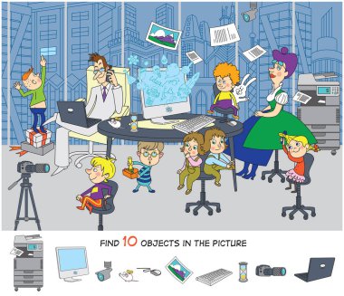 Kindergarten for field trips in the office. Merry vector illustration. Find 10 objects in the picture. Puzzles, hidden objects  clipart