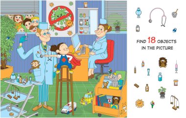 Find 18 objects in the picture. Hidden objects puzzle. The brave child is not afraid of vaccination. Funny cartoon character. clipart