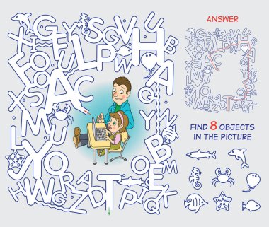 Online lesson. Go through the maze and find 8 hidden objects. Funny cartoon character. Vector illustration. clipart