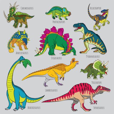 Tarih öncesi sürüngen canavarlarının simgeleri. Triceratops ve Brachiosaurus, Tyrannosaurus ve Stegosaurus, Spinosaurus ve Velociraptor, Ankylosaurus ve Tyrannosaurus, Hasmosaurus ve Lambeosaur 'un ana hatları