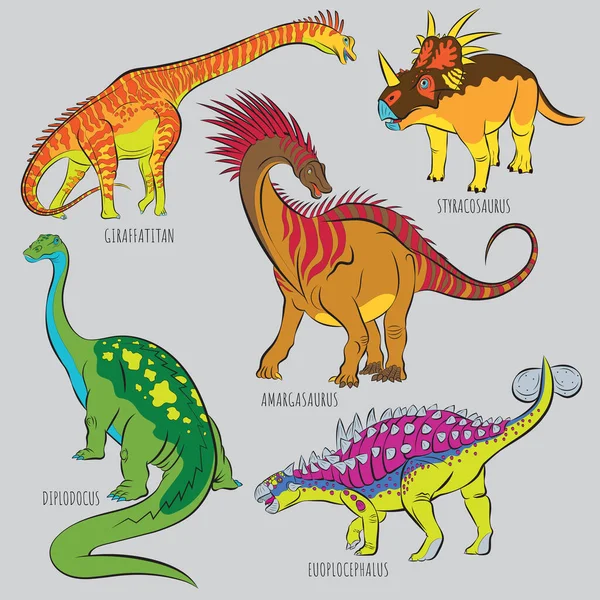 Icons Prehistoric Herbivore Monster Reptiles Outlines Giraffatitan Styracosaurus Amargasaurus Diplodocus — Stock Vector