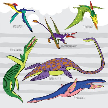 Tarih öncesi sürüngen canavarlarının simgeleri. Pterodactylus, Pteranodon ve Rhamphorhynchus 'un ana hatları, Elasmosaurus ve Plesiosauriar, Kronosaurus