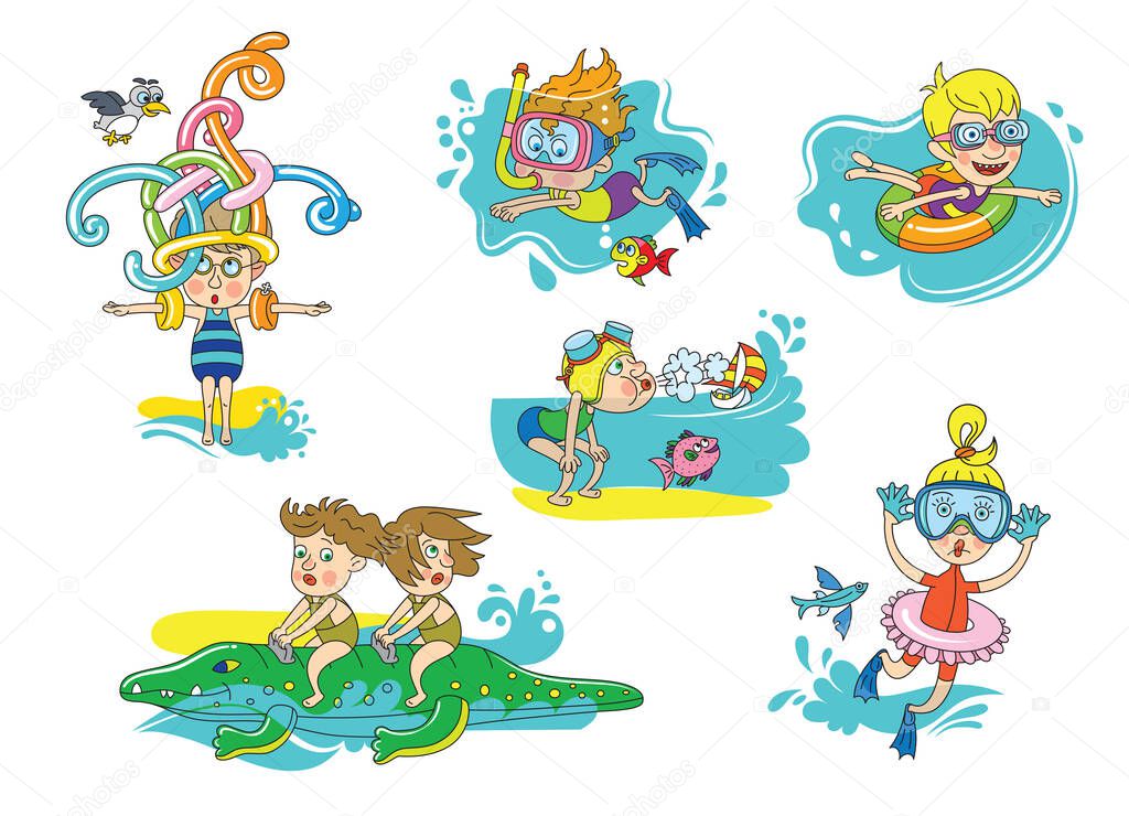 Set of summer scenes with children. Rest at the sea. Children swim with inflatable toys, dive, play. Funny cartoon characters. 