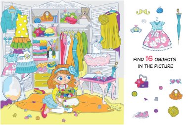 Find 16 items in the picture. Hidden objects puzzle. The girl fantasizes, chooses an outfit for herself. Funny cartoon character.  clipart