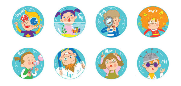 Collection of stickers. Funny cartoon colorful characters. Isolated over white background. Vector illustration.