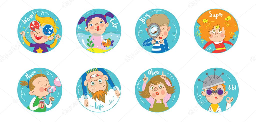 Collection of stickers. Funny cartoon colorful characters. Isolated over white background. Vector illustration.