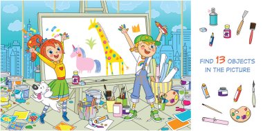 Fun and exciting children's creativity. Children draw on an easel, on their hands, on paper. Find 13 hidden objects in the picture. Funny cartoon character. Hidden objects puzzle. Vector illustration  clipart