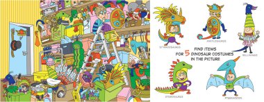 Dressing room. Cheerful vector illustration. Find 5 dinosaur costume parts in the picture.Puzzle Hidden Items. Funny cartoon character clipart