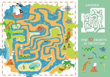 Korsan haritası. Hazine adasına giden bir rota çizip resimde 10 gizli nesne bulmalısın. Vektör illüstrasyonu.