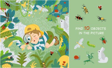 An inquisitive child examines, studies insects in the meadow. Find 10 hidden objects in the picture. Hidden objects puzzle. Vector illustration clipart