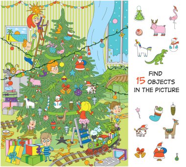 Çocuklar Noel için ağacı süsler. Gizli nesneler bulmacası. Komik çizgi film karakterleri. Vektör illüstrasyonu 