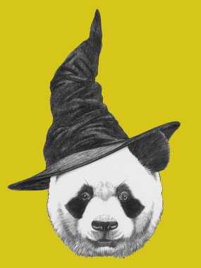Panda portresi cadı şapka ile.