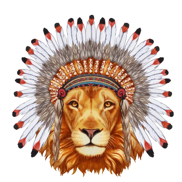 Portrait  of Lion in war bonnet. — Stock Photo, Image