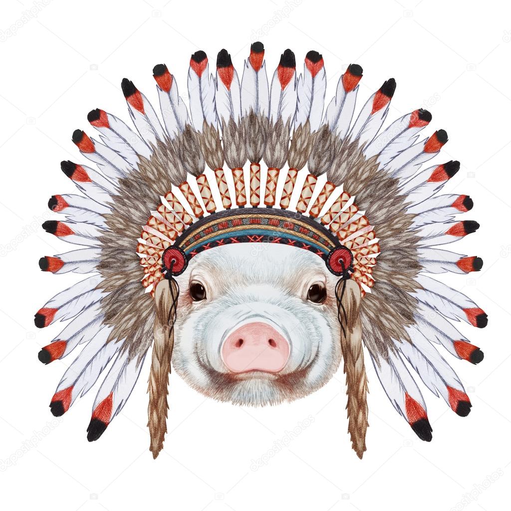 Portrait of  Piggy in war bonnet.