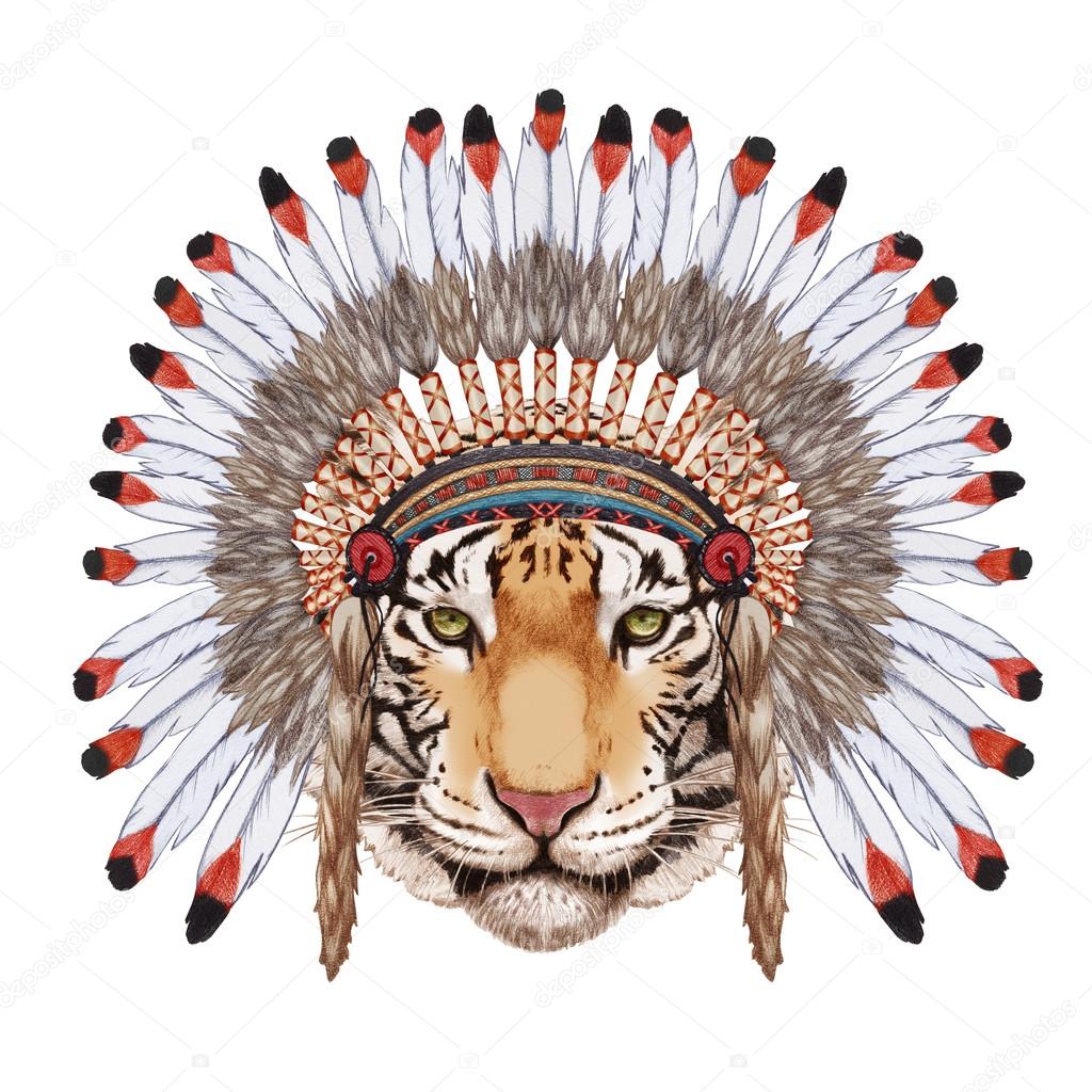 Portrait  of Tiger in war bonnet.