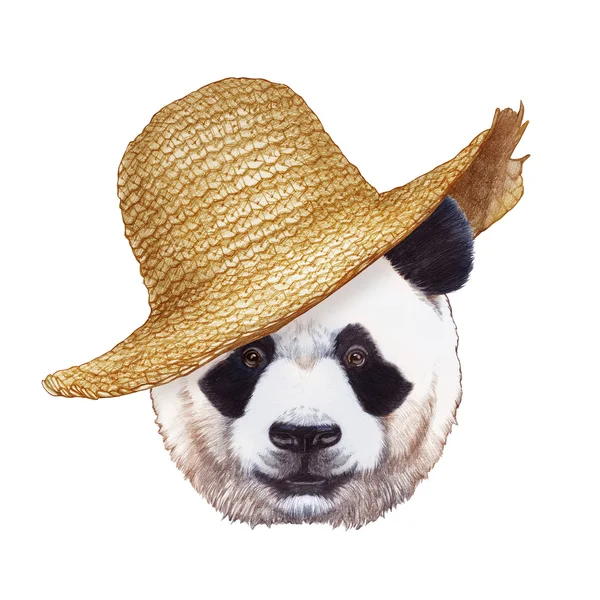 Portret van Panda met stro hoed. — Stockfoto