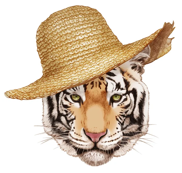 Tiger portresi hasır şapka ile. — Stok fotoğraf