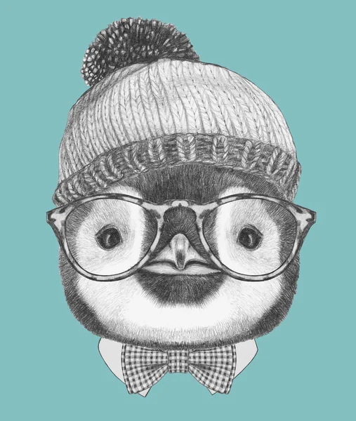 Porträtt av pingvin med hatt, glasögon och fluga. — Stockfoto