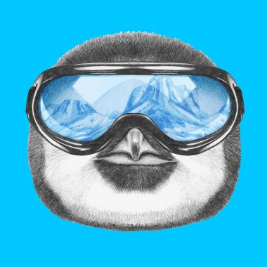 Penguen portresi ile Kayak koruyucu gözlük. 