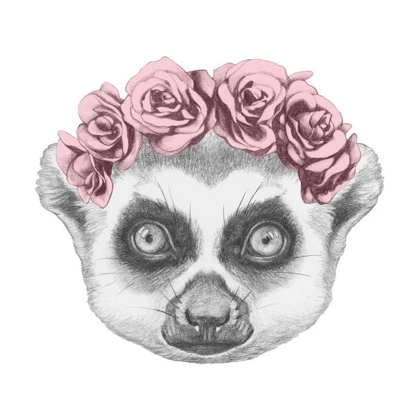 Portrait of Lemur with floral head wreath. — Stock Photo, Image