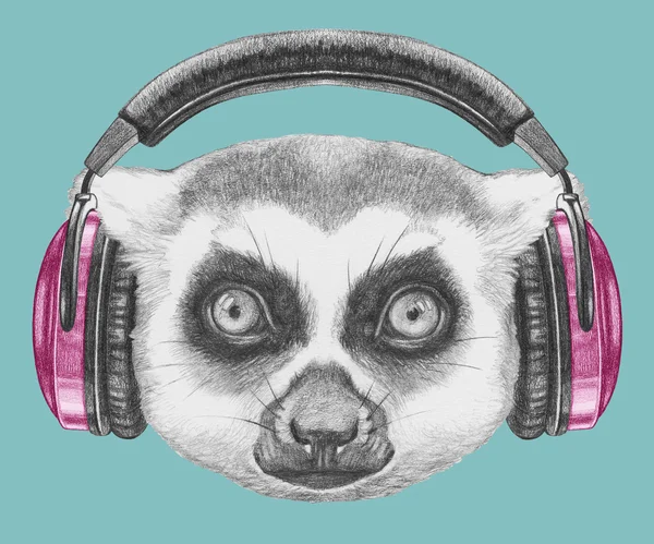 Portrait of Lemur with headphones. — Stock Photo, Image